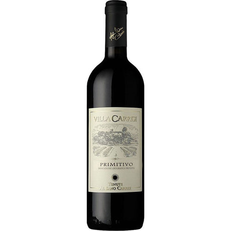 Eine Flasche Al Bano Carrisi Villa Carrisi Primitivo Salento IGT 2022, ein italienischer Rotwein mit cremefarbenem Etikett und schwarzem Verschluss.