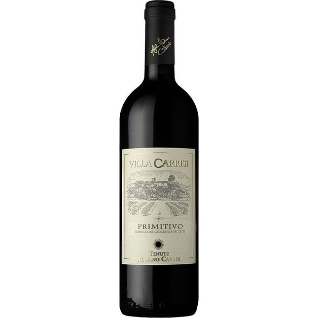 Eine Flasche Al Bano Carrisi Villa Carrisi Primitivo Salento IGT 2022, ein italienischer Rotwein mit cremefarbenem Etikett und schwarzem Verschluss.