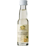 Eine kleine durchsichtige Flasche Feinbrennerei Thomas Prinz Alte Williams-Christ-Birne 41% (0,02L), mit weißem Verschluss und einer Birnenillustration.