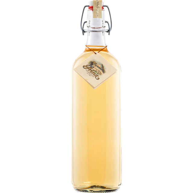 Klarglasflasche mit hellgelber Flüssigkeit, Bügelverschluss und Halsetikett - mit der Aufschrift Feinbrennerei Thomas Prinz Alter Bodensee-Apfel 41% 1 Liter.