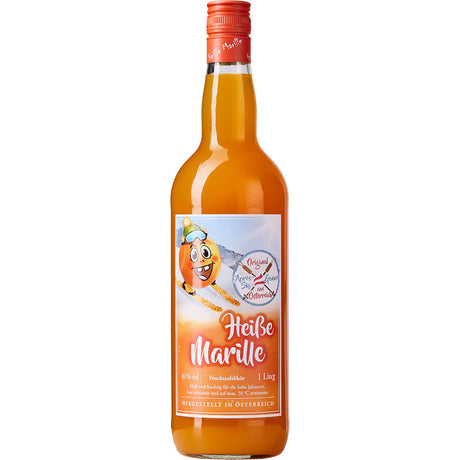 Der Feinbrennerei Thomas Prinz Heiße Marille Likör 16% 1 Liter ist mit seinem Cartoon-Aprikosen- und Orangen-Etikett der perfekte kuschelige Winter-Aprikosen-Likör.