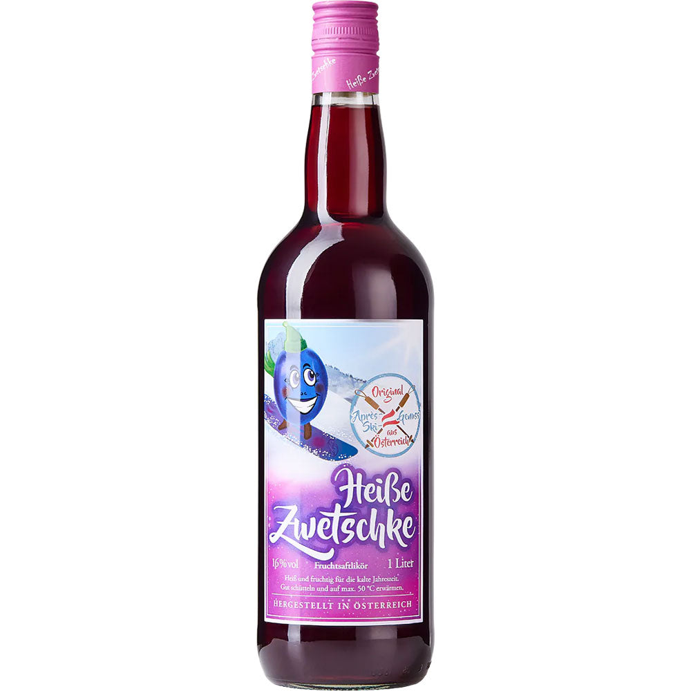 Eine 1L Flasche Feinbrennerei Thomas Prinz Heiße Zwetschke Likör 16% mit lila Etikett und Cartoon-Pflaume - ein idealer Winterlikör und Après-Ski-Liebling.