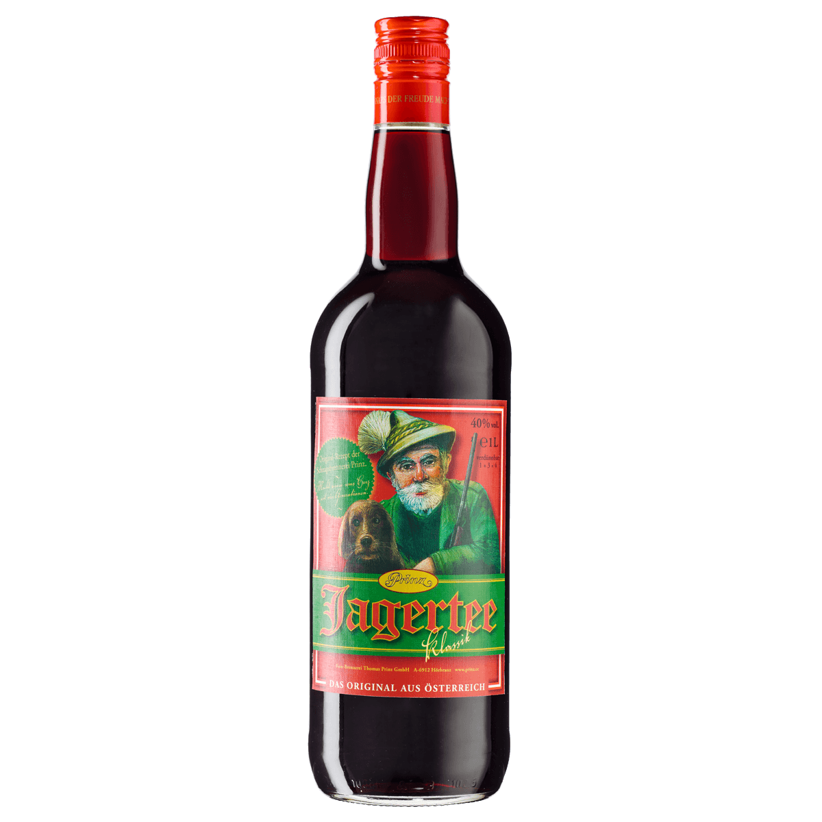 Eine 1L Flasche Prinz Jagertee Klassik 40% von der Feinbrennerei Thomas Prinz, mit einem grün-roten Etikett, auf dem ein Mann mit Hut und ein Hund abgebildet sind, die authentische österreichische Jagertee Tradition verkörpern.