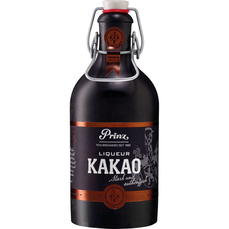 Die dunkle Flasche von Feinbrennerei Thomas Prinz Nobilant Kakao Likör 37,7% (0,5L) hat einen Bügelverschluss und ein schwarz-braunes Etikett.