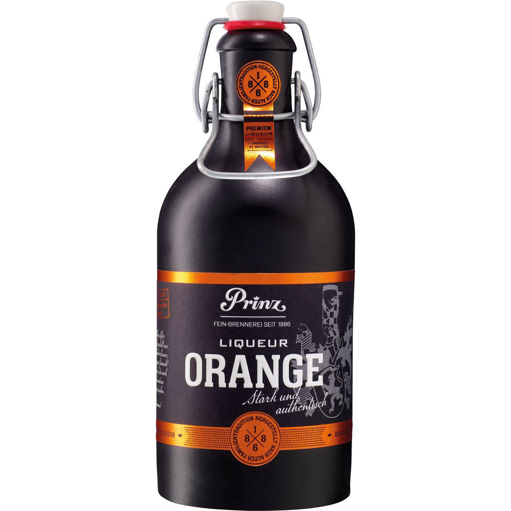 Eine elegante schwarze Flasche Feinbrennerei Thomas Prinz Nobilant Orangenlikör 37,7% (0,5 l) mit orangefarbenem Etikett und Bügelverschluss aus Metall unterstreicht diese erstklassige Zitrusspirituose.