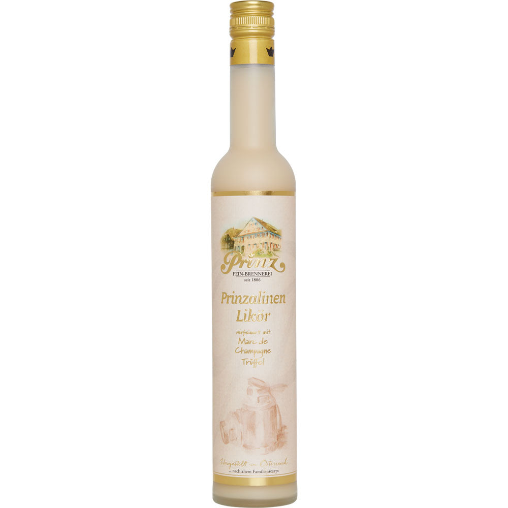 Die elegante, gefrostete Flasche der Feinbrennerei Thomas Prinz Prinzalinen Marc de Champagne Trüffel Cream Likör (15%, 0,5L) ist mit einem goldenen Verschluss und einem dekorativen Etikett versehen und sorgt für ein köstliches Cremelikörerlebnis.