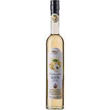 Eine hohe Glasflasche der Feinbrennerei Thomas Prinz Quitten Likör 18,0% (0,5 Liter), ein Premium-Fruchtlikör aus der Bodenseeregion, mit einem Etikett mit gelben Quitten und einem schwarzen Verschluss.