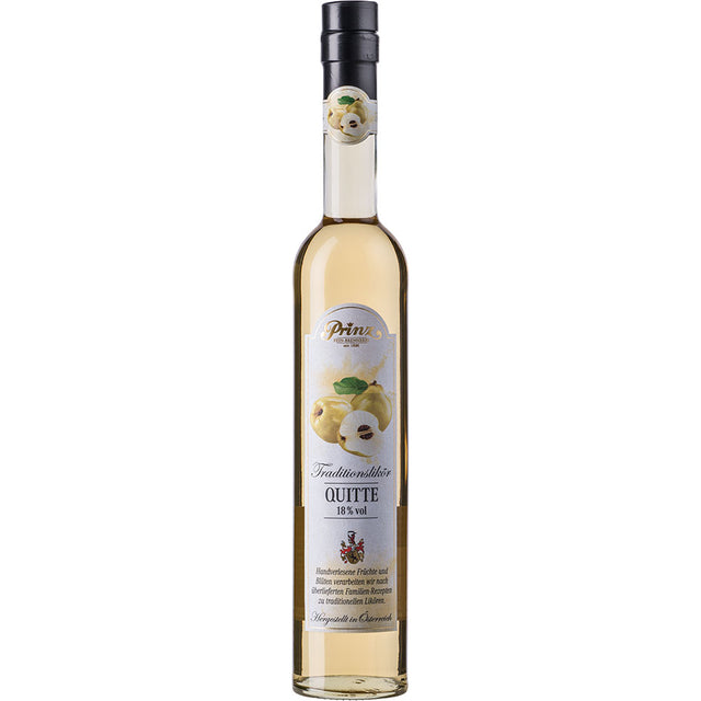 Eine hohe Glasflasche der Feinbrennerei Thomas Prinz Quitten Likör 18,0% (0,5 Liter), ein Premium-Fruchtlikör aus der Bodenseeregion, mit einem Etikett mit gelben Quitten und einem schwarzen Verschluss.