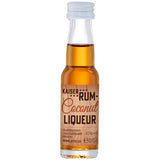 Kleine Flasche Prinz Rum Coconut 40% (0,02L) von der Feinbrennerei Thomas Prinz, mit klarem Verschluss und brauner Flüssigkeit im Inneren.