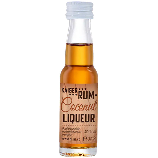 Kleine Flasche Prinz Rum Coconut 40% (0,02L) von der Feinbrennerei Thomas Prinz, mit klarem Verschluss und brauner Flüssigkeit im Inneren.