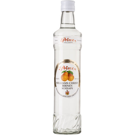 Eine Klarglasflasche der Feinbrennerei Thomas Prinz Williams-Birnen Schnaps 40% 0,5 Liter, ein Premium-Birnenbrand, mit einem weißen Etikett mit Birnenmotiven.