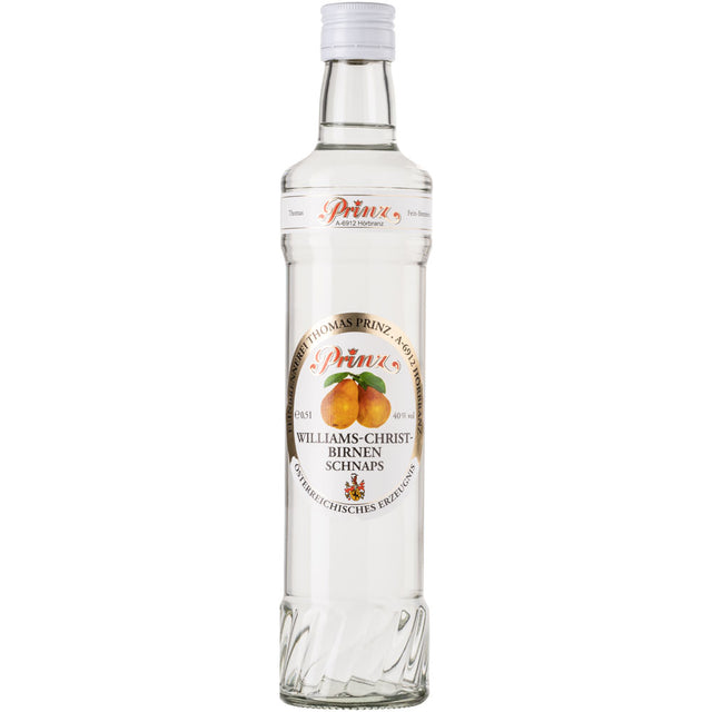 Eine Klarglasflasche der Feinbrennerei Thomas Prinz Williams-Birnen Schnaps 40% 0,5 Liter, ein Premium-Birnenbrand, mit einem weißen Etikett mit Birnenmotiven.