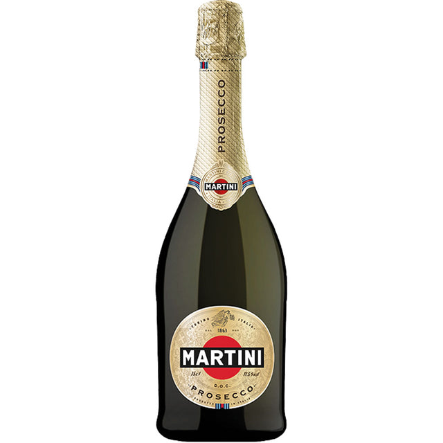 Eine 0,75-Liter-Flasche Martini Prosecco Spumante DOC mit goldenem Folienverschluss und beigem Etikett auf weißem Hintergrund.