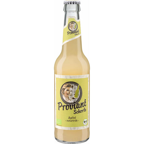 Eine Flasche Proviant Apfelschorle naturtrüb Bio von Proviant wird in einer 0,33 l Pfandflasche mit gelbem Etikett geliefert.
