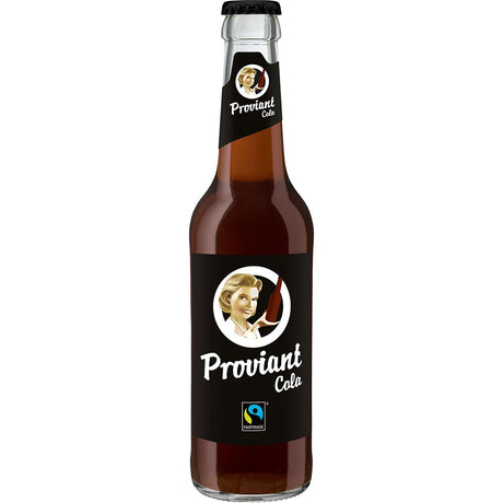 Proviant Cola FAIRTRADE 24x0,33L (MEHRWEG) ist eine glasabgefüllte, Fairtrade-zertifizierte Cola von Proviant mit schwarzem Etikett, die erfrischenden Geschmack bietet und ethische Beschaffung unterstützt.