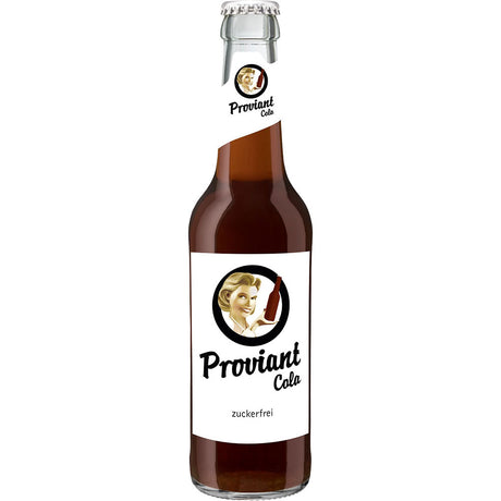 Eine 0,33 l Glasflasche Proviant Cola zuckerfrei (24er-Pack, MEHRWEG) von Proviant, eine zuckerfreie Cola mit einer Frau im Vintage-Stil auf dem Etikett.