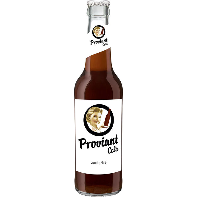 Eine 0,33 l Glasflasche Proviant Cola zuckerfrei (24er-Pack, MEHRWEG) von Proviant, eine zuckerfreie Cola mit einer Frau im Vintage-Stil auf dem Etikett.