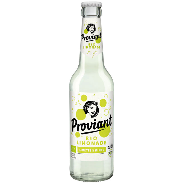 Proviant Limette-Minze Limo BIO 24x0,33L (MEHRWEG): Erfrischende Bio-Limonade von Proviant mit Limetten-Minze-Geschmack, serviert in Glasflaschen mit Retro-Frauenlogo und grünen Blasen.