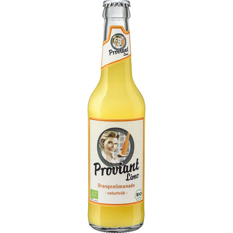 Eine Glasflasche Proviant Orangenlimo naturtrüb Bio (0,33l) mit Vintage-Etikett, gefüllt mit trüber Orangenlimonade aus Bio-Saft und Rohrzucker - ein wahrhaft erfrischendes Proviant-Getränk.
