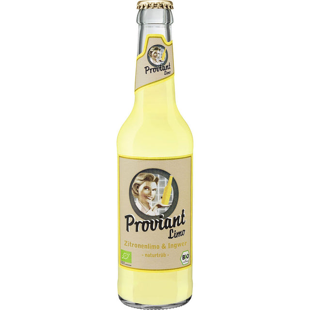 Proviant Zitronen & Ingwer naturtrüb Bio (MEHRWEG) in der 0,33-Liter-Glasflasche mit Zitronen- und Ingwergeschmack auf einem Etikett im Vintage-Stil, erhältlich in einem 24er-Pack.