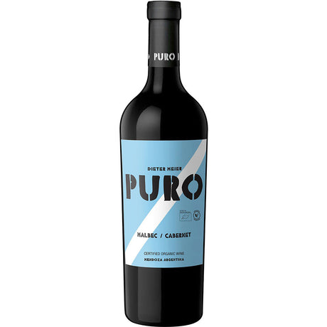 Eine Flasche Dieter Meier Puro Malbec-Cabernet BIO 2023 Rotwein aus Mendoza, Argentinien, mit einem blau-weißen Etikett.