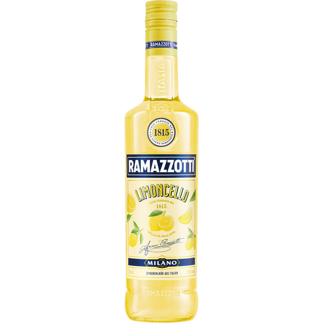 Eine 0,7-Liter-Flasche Ramazzotti Limoncello 29% - ein italienischer Likör mit einem gelben Etikett, auf dem Zitronen und grüne Blätter abgebildet sind, die die frische Essenz der italienischen Zitrusfrüchte einfangen.