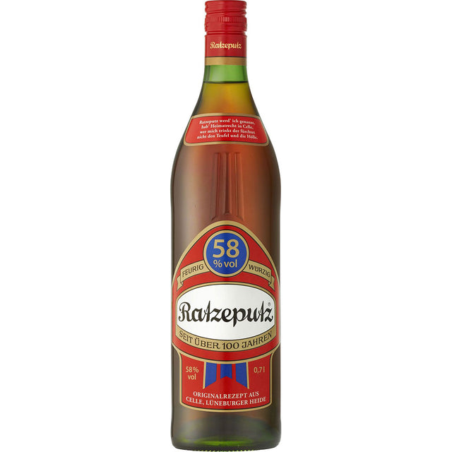 Ratzeputz Kräuterlikör Herb Würzig 58% vol, 0,7 Liter - eine norddeutsche Spezialität von Ratzeputz, mit rotem Etikett und kräftigem Kräutergeschmack.