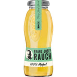 Eine Glasflasche Rauch 100% Apfelsaft klar (Mehrweg), 0,2L, mit grün-weißem Etikett und silbernem Verschluss.
