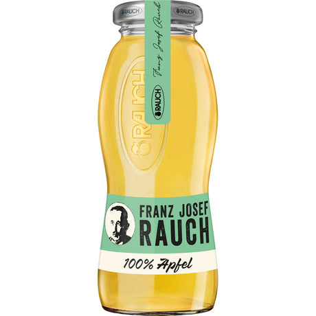 Eine Glasflasche Rauch 100% Apfelsaft klar (Mehrweg), 0,2L, mit grün-weißem Etikett und silbernem Verschluss.