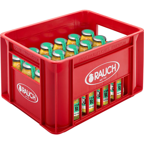 Eine rote Kiste mit 24 Glasflaschen Rauch 100% Apfelsaft klar (je 0,2 l), alle mit grünem Verschluss.
