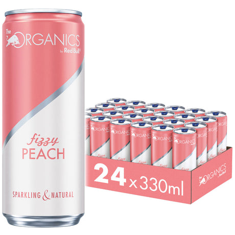 Abgebildet sind eine Dose und ein 24er-Pack Red Bull Organics Fizzy Peach, jeweils 0,33 l (EINWEG).