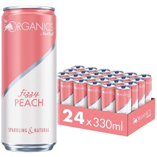 Abgebildet sind eine Dose und ein 24er-Pack Red Bull Organics Fizzy Peach, jeweils 0,33 l (EINWEG).
