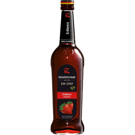 Riemerschmid Bar-Sirup Erdbeere 0,7 Liter: Dieser Erdbeersirup von Riemerschmid hat ein rotes Etikett mit einem Erdbeermotiv - ideal, um Ihren Getränken einen intensiven Erdbeergeschmack zu verleihen.
