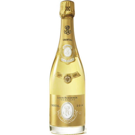 Eine 0,75-Liter-Flasche Louis Roederer Champagner Cristal Brut 2015, elegant präsentiert mit Goldetikett und Folie, hergestellt von Louis Roederer.