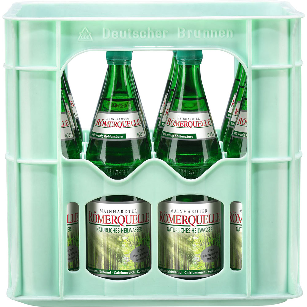 Eine Kiste mit 12x 0,75 Liter (MEHRWEG) Flaschen der Marke Römerquelle wird von vorne gezeigt.