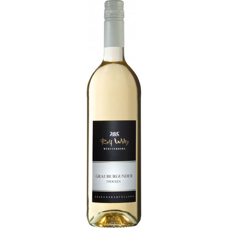 Eine Flasche Rolf Willy Grauburgunder trocken 2024, ein trockener deutscher Weißwein, mit einem schlichten schwarz-weißen Etikett.