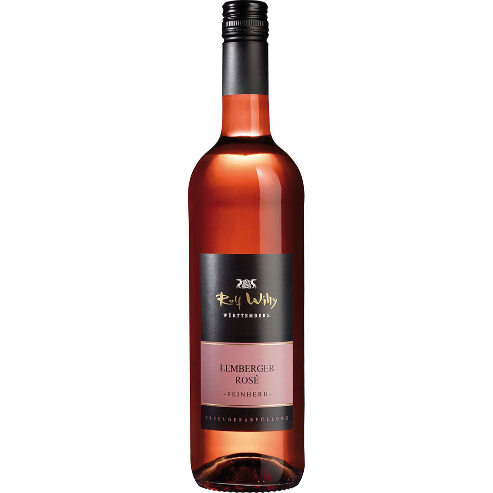 Eine Flasche Rolf Willy Lemberger Rosé feinherb 2024 veganer Wein mit schwarzem Schraubverschluss und Etikett, aufrecht stehend.