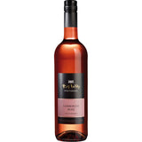 Eine Flasche Rolf Willy Lemberger Rosé feinherb 2024 veganer Wein mit schwarzem Schraubverschluss und Etikett, aufrecht stehend.
