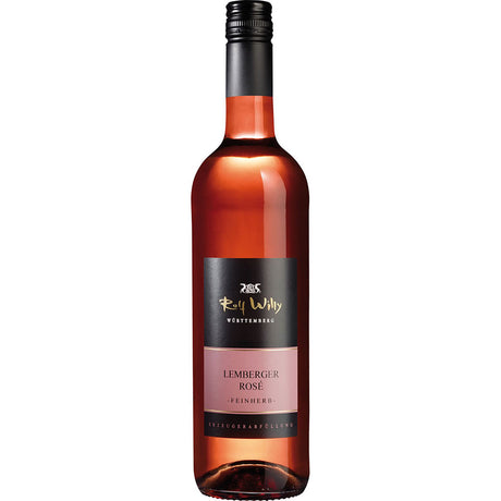 Eine Flasche Rolf Willy Lemberger Rosé feinherb 2024 veganer Wein mit schwarzem Schraubverschluss und Etikett, aufrecht stehend.