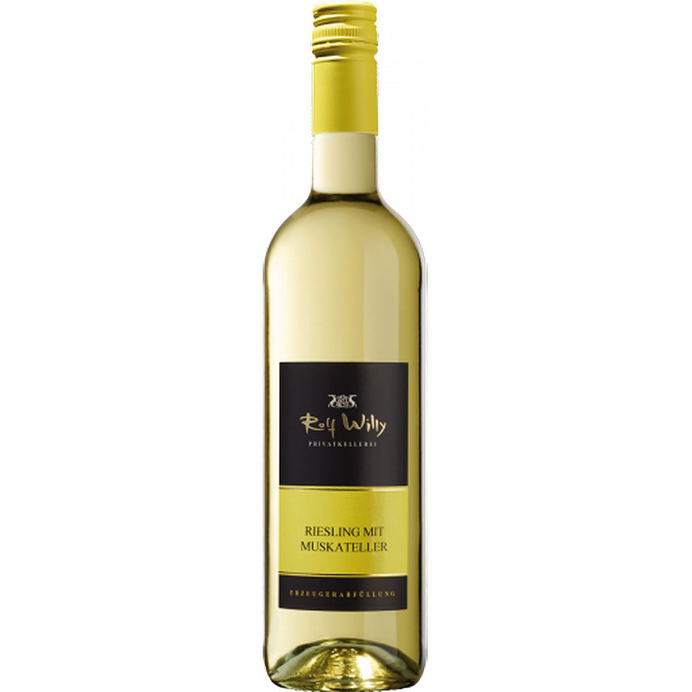 Eine Flasche Rolf Willy Riesling mit Muskateller 2024, ein fruchtiger württembergischer Weißwein mit gelbem Schraubverschluss.