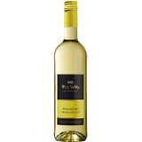 Eine Flasche Rolf Willy Riesling mit Muskateller 2024, ein fruchtiger württembergischer Weißwein mit gelbem Schraubverschluss.