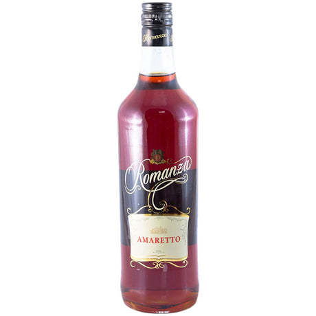 Eine 1-Liter-Flasche Amaretto Romanza (20% ABV) von Romanza mit einem dunklen Etikett mit goldenen Akzenten steht vor einem weißen Hintergrund - ideal zum Mixen köstlicher Amaretto-Cocktails.