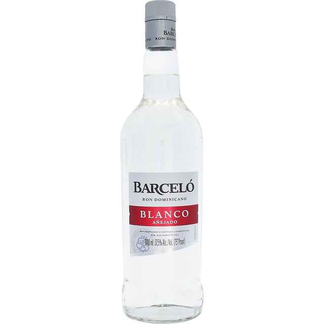 Eine Flasche Ron Barceló Blanco Rum 37,5% 1 Liter wird auf einem weißen Hintergrund mit der Marke Ron Barceló dargestellt.