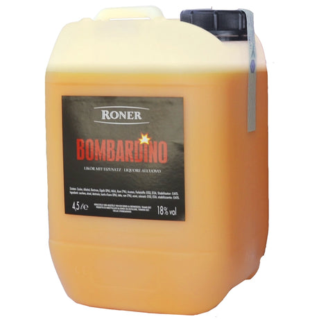 Der Roner Bombardino Likör 18 % wird in einem großen, gelben 4,5-Liter-Kunststoffkanister mit schwarzem Verschluss und Etikett angeboten. Dieser klassische Südtiroler Eierlikör von Roner ist das perfekte Après-Ski-Getränk, um es nach einem Tag auf der Piste zu genießen.
