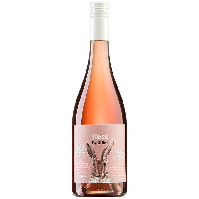 Eine Flasche Kühling-Gillot Rosé by Gillot Edition Hase trocken 2024 mit rosafarbenem Etikett und Kaninchenmotiv - ein idealer, lebendiger Sommerwein.