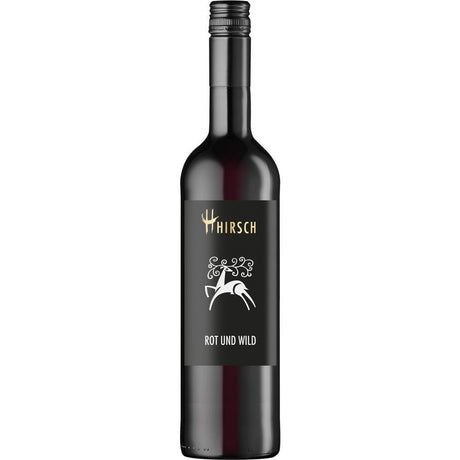Eine Flasche Christian Hirsch Rot und Wild Rotwein-Cuvée trocken von Christian Hirsch, mit schwarzem Etikett und weißer Hirschgrafik, mit einer Württemberger Rotweinmischung.