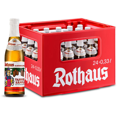 Eine rote Rothaus-Kiste mit 24 Flaschen Rothaus Alkoholfreies Zäpfle 0,33L (Mehrweg); eine Flasche steht vorne.