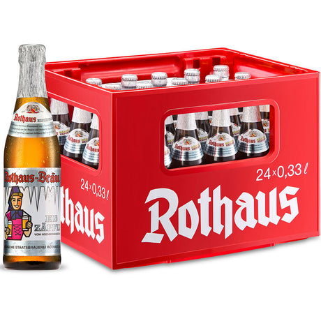 Eine rote Kiste Rothaus Eiszäpfle 24x 0,33L (MEHRWEG), mit einer Flasche im Vordergrund - ideal, um den echten Rothaus-Geschmack aus dem Schwarzwald zu genießen.