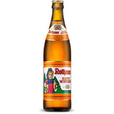 Eine Rothaus Hefe Hell 0,5L Bierflasche mit Kondenswasser und einem bunten Etikett mit einer lächelnden Figur.
