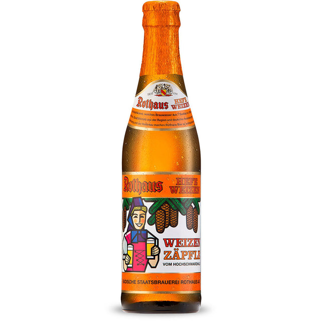 Die 0,33l Rothaus Hefe Hell Flasche (24x MEHRWEG) ist mit einem illustrierten Etikett versehen, das eine Person in traditioneller Tracht zeigt und dieses naturtrübe Hefeweizen von Rothaus hervorhebt.